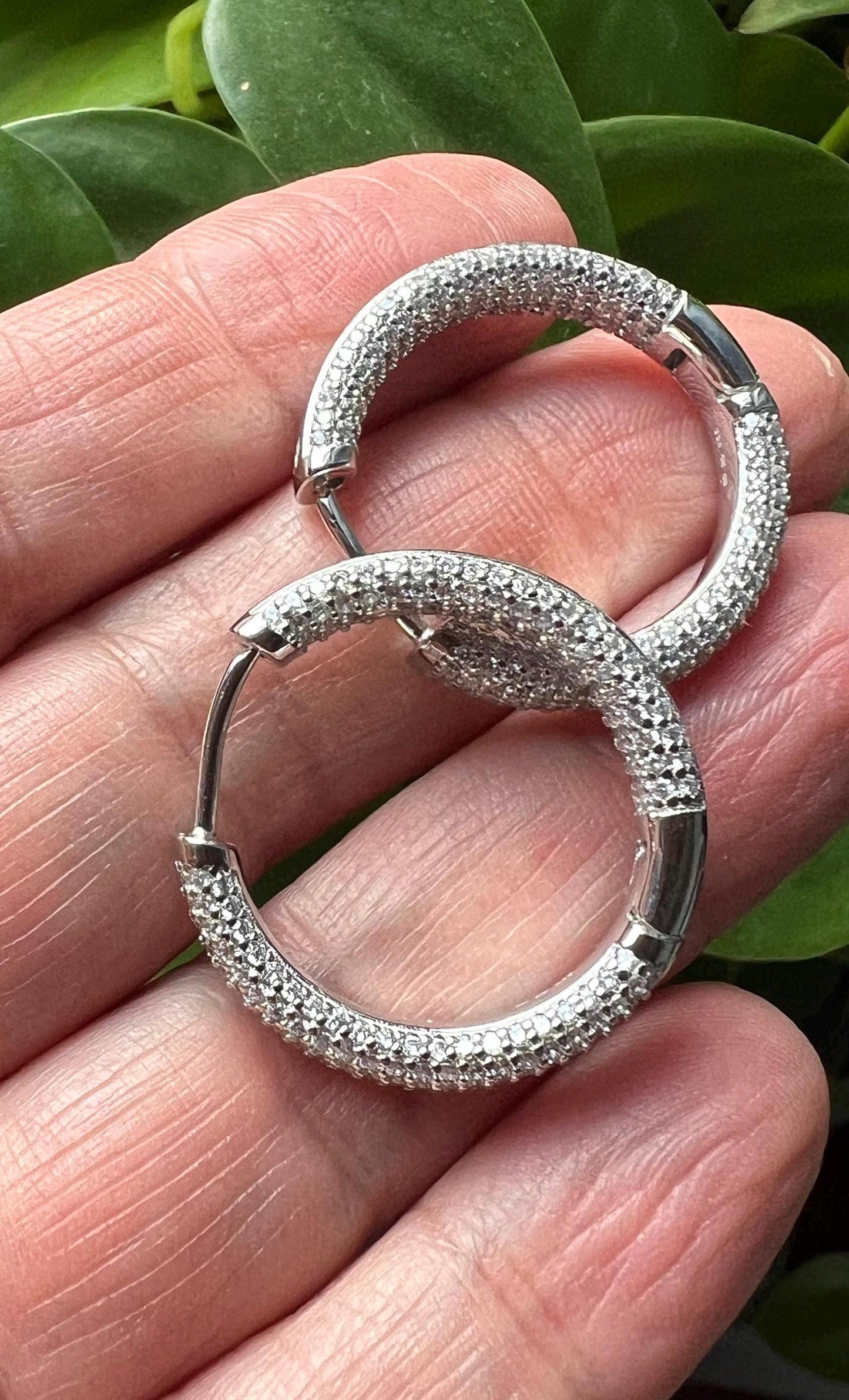 Sterling Silver CZ Hoop Earrings: Medium Thick Inside-Out Design,Pave Diamonique hoops , Stackable jewelry