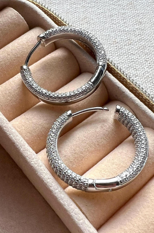 Sterling Silver CZ Hoop Earrings: Medium Thick Inside-Out Design,Pave Diamonique hoops , Stackable jewelry
