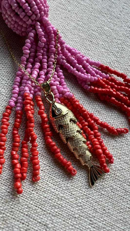 Movable Gold Fish Pendant Necklace: 18K Gold Filled, Sterling Silver Chain