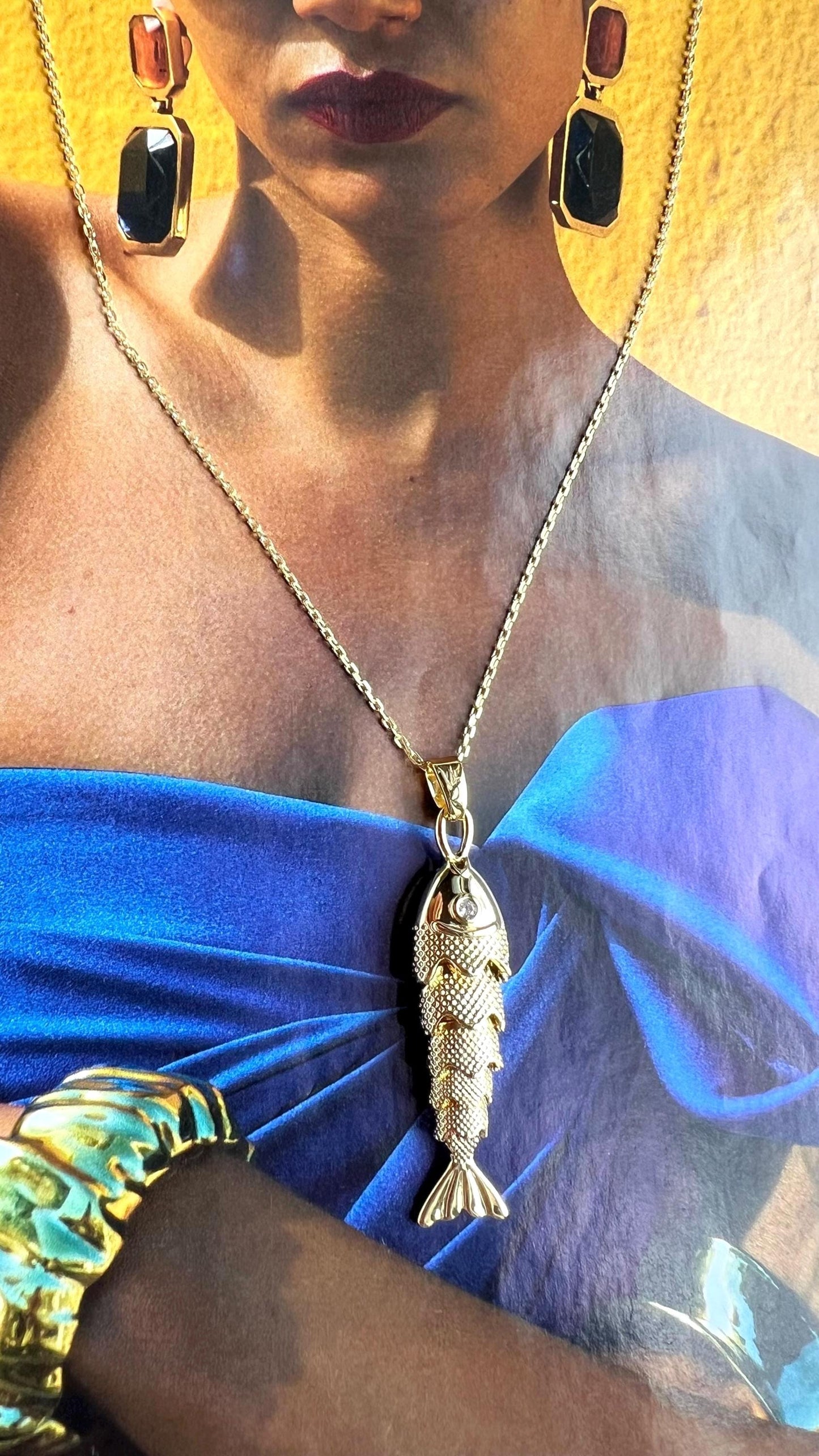 Movable Gold Fish Pendant Necklace: 18K Gold Filled, Sterling Silver Chain