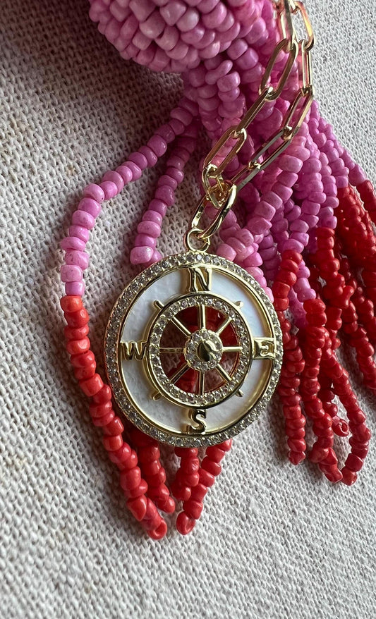 Gold Compass Necklace: Mother of Pearl Pendant, Cubic Zirconia