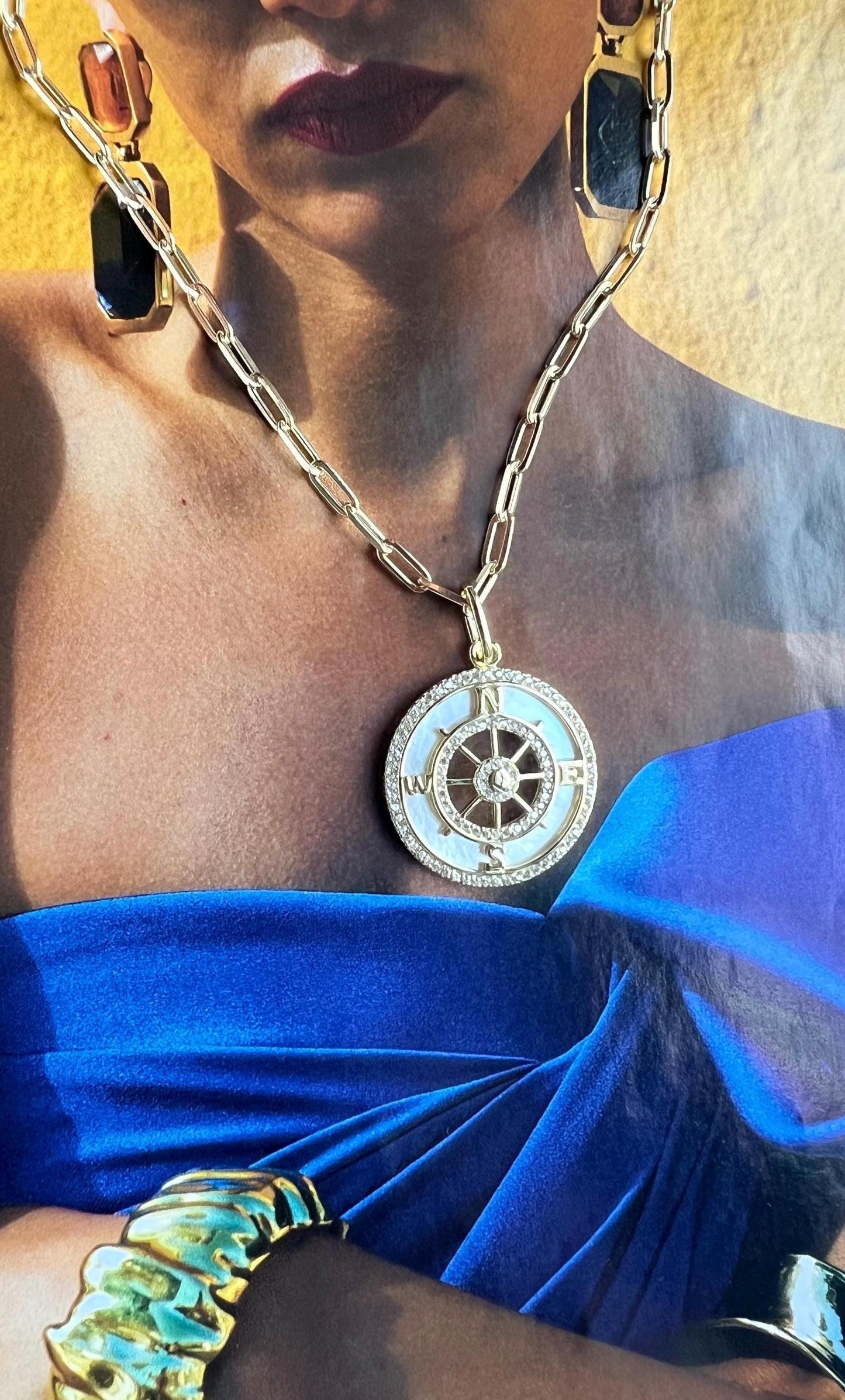 Gold Compass Necklace: Mother of Pearl Pendant, Cubic Zirconia