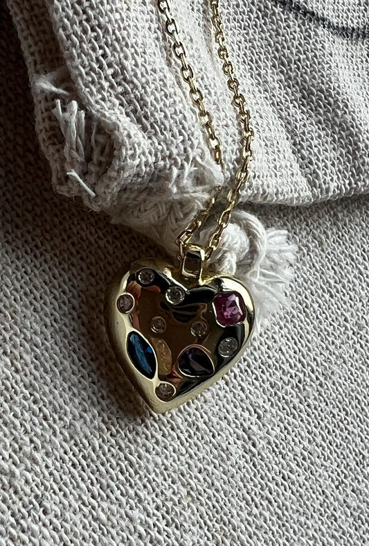 14K Gold-Plated Heart Pendant Necklace: Multicolor CZ Gemstone heart pendant,Rainbow Pendant Necklace,Mosaic Heart Pendant,CZ jewelry