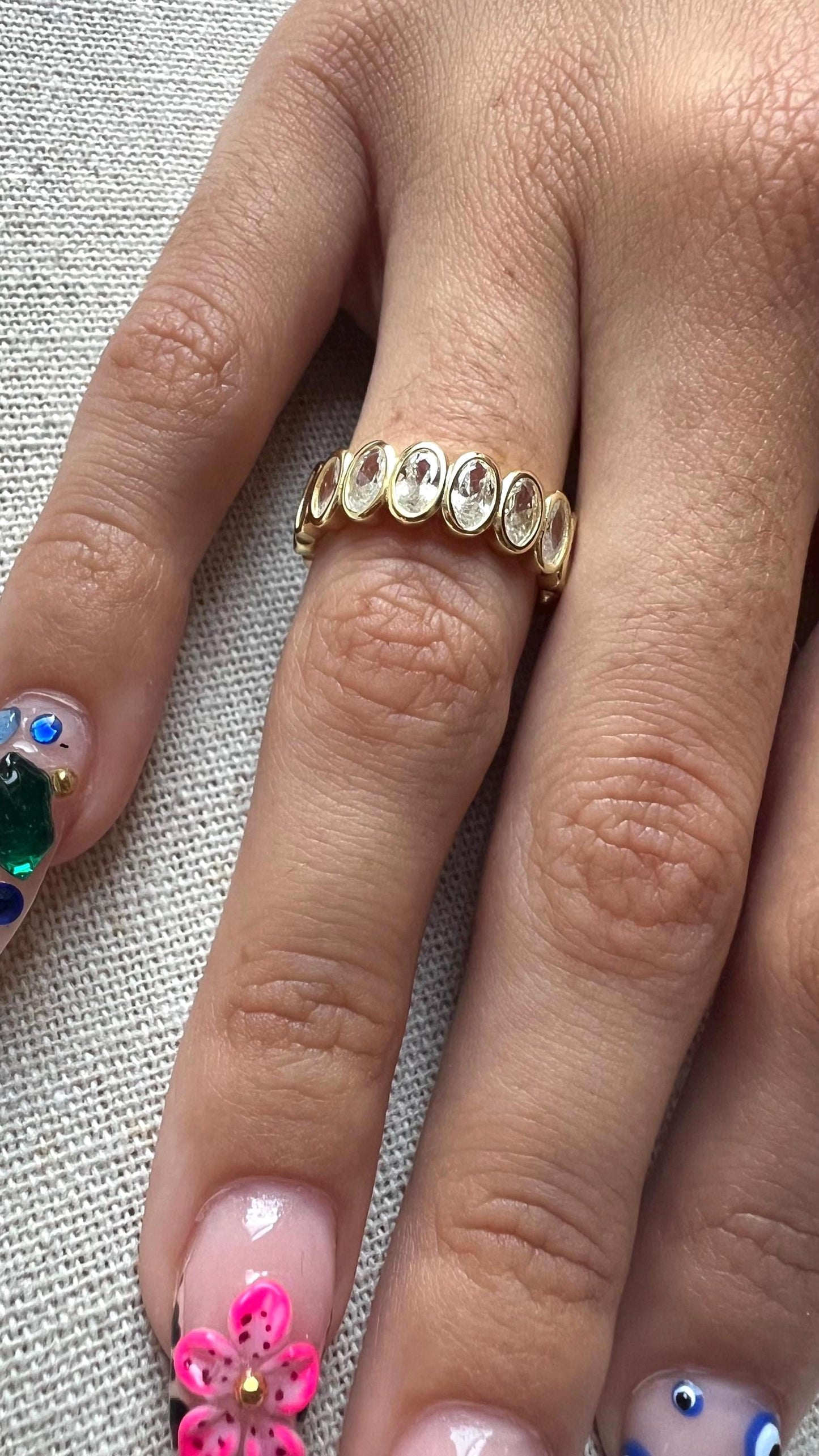 Gold Plated Cubic Zirconia Eternity Band Ring,Oval Cut  Bezel Set Eternity Band,Gold Eternity Band,Wedding Band,Anniversary Jewelry