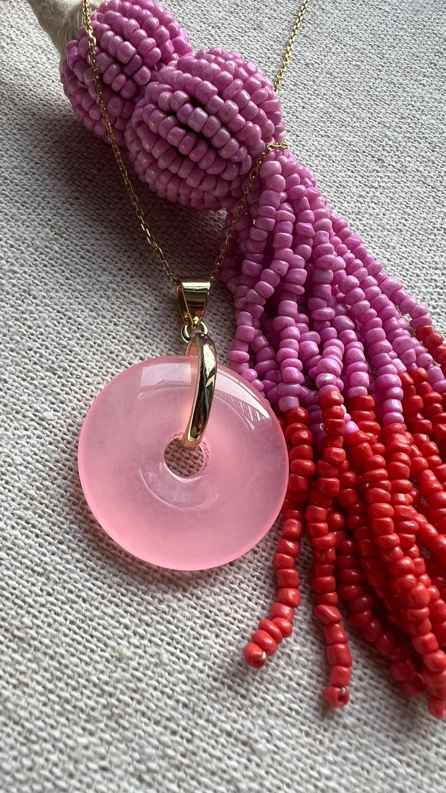 Pink Jade Donut Pendant Necklace: 14K Gold-Plated Chain