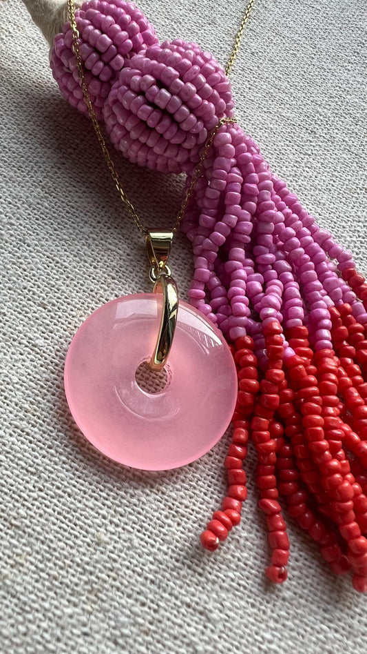Pink Jade Donut Pendant Necklace: 14K Gold-Plated Chain