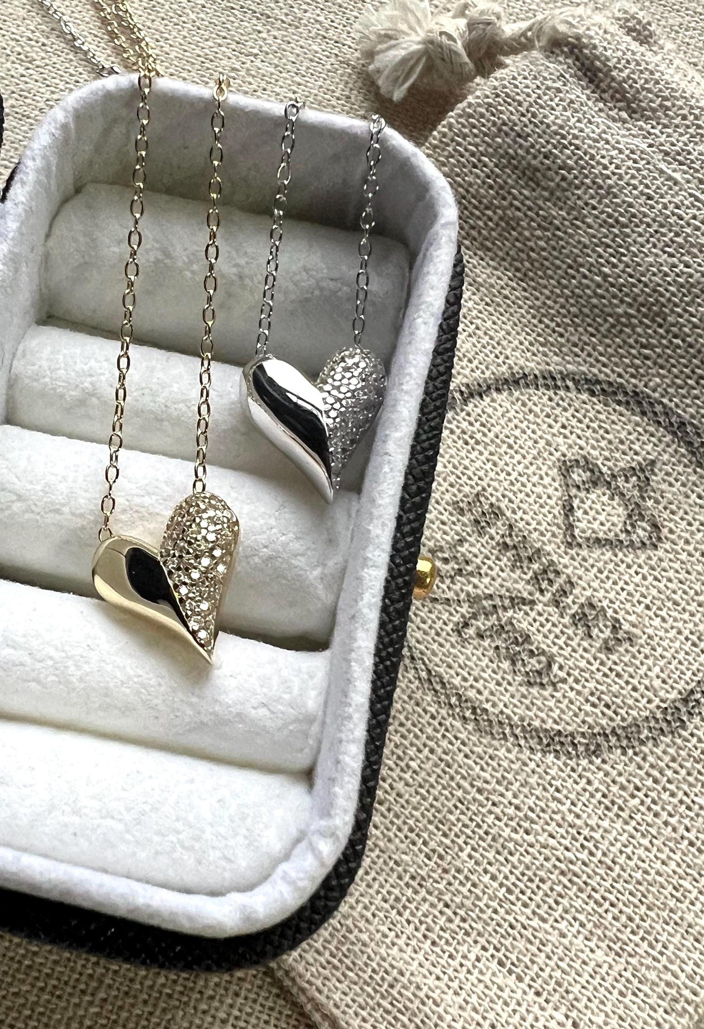 Gold Puffed Heart Necklace: Sterling Silver CZ Charm,Pave heart pendant,Minimalist Jewelry