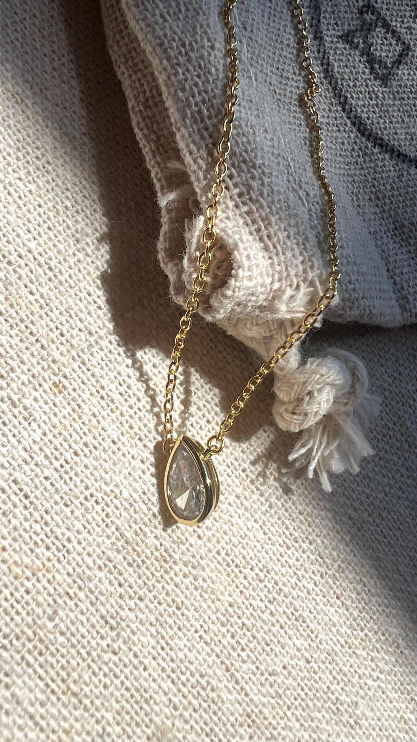 Gold Pear Solitaire Necklace: 14K Plated Sterling Silver CZ Pendant