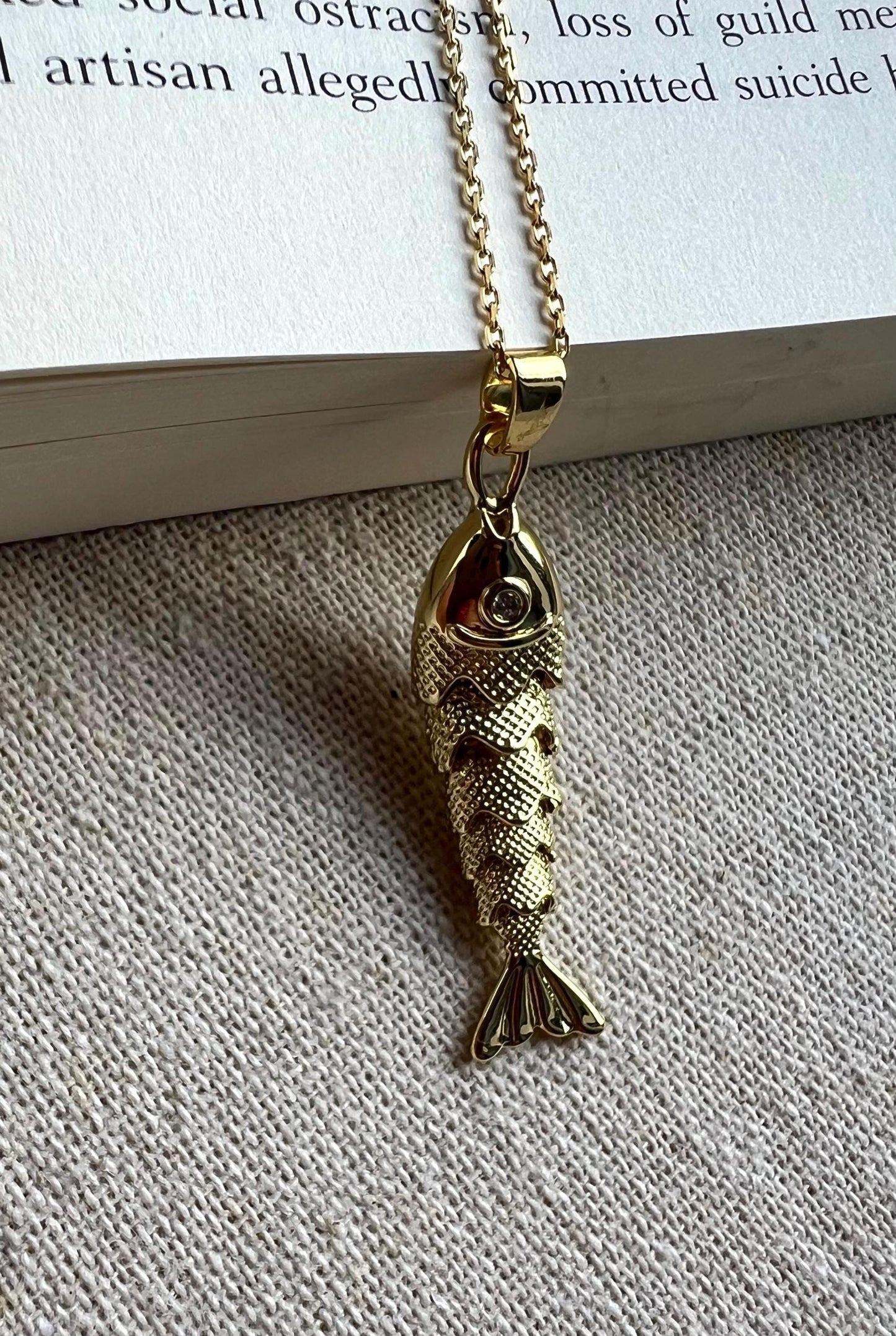 Movable Gold Fish Pendant Necklace: 18K Gold Filled, Sterling Silver Chain
