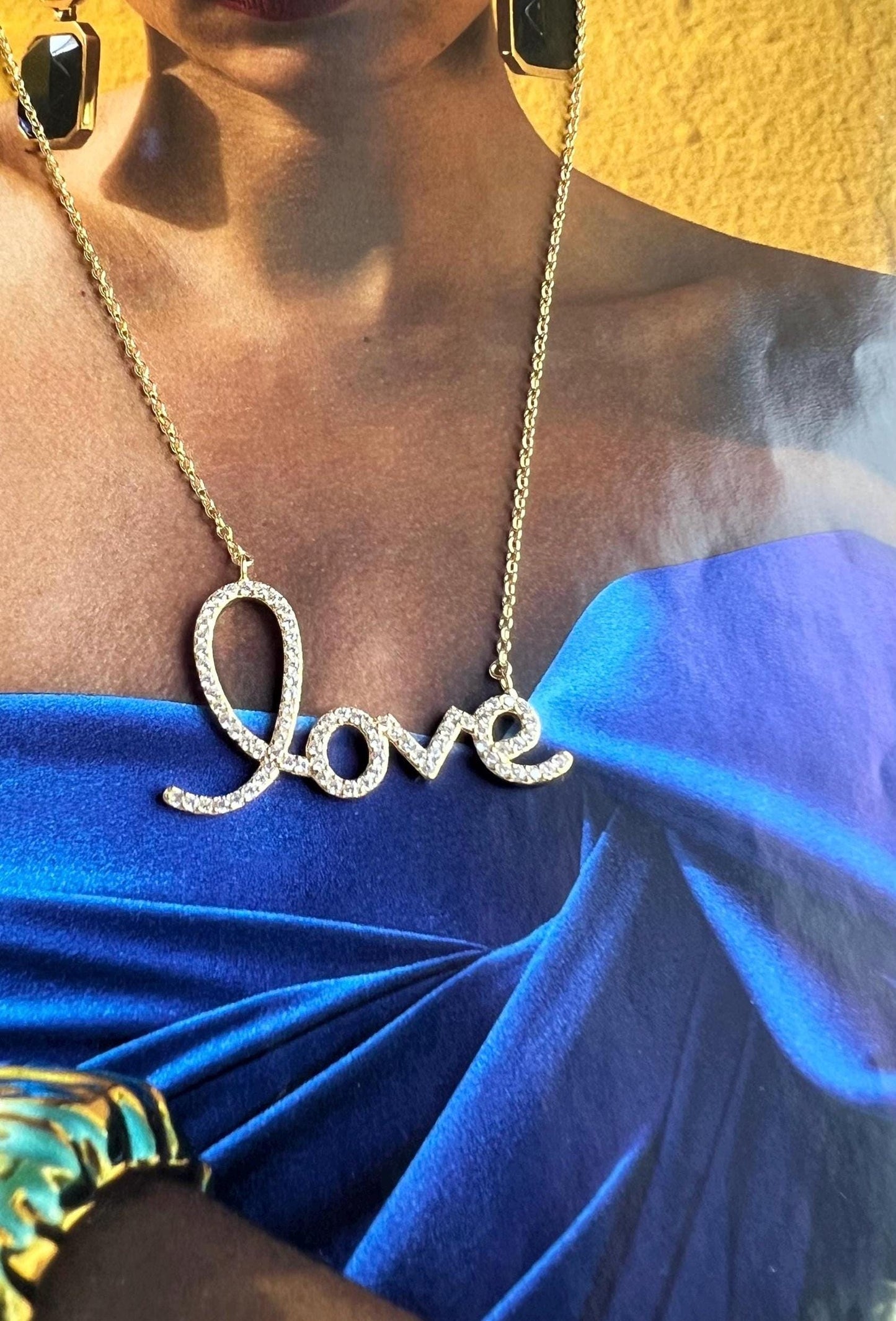 Gold Plated Love Script Necklace: Cubic Zirconia Accent