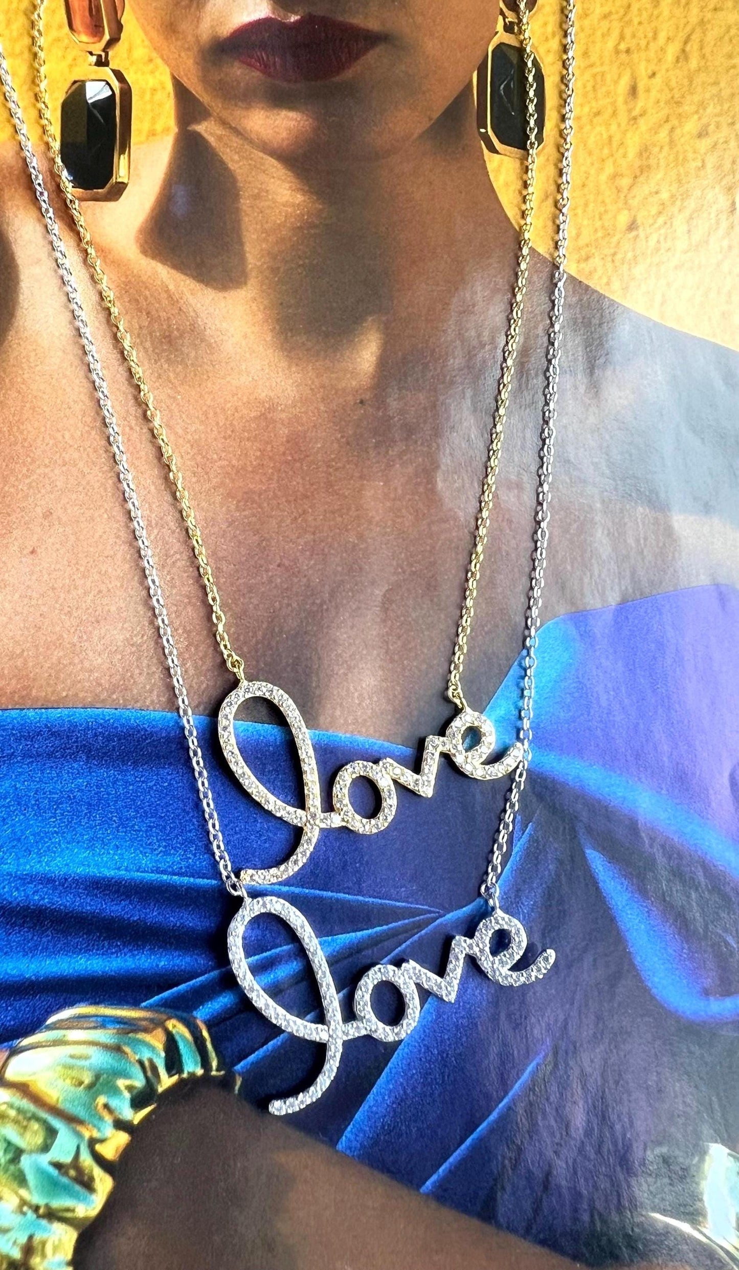 Gold Plated Love Script Necklace: Cubic Zirconia Accent