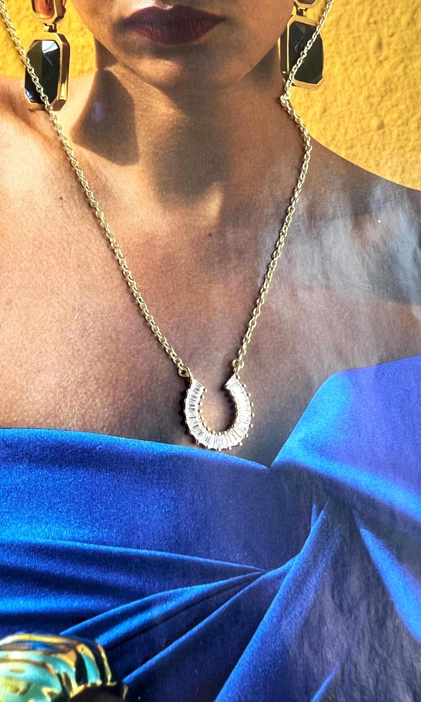 Gold Horseshoe Necklace: Cubic Zirconia Luck Jewelry