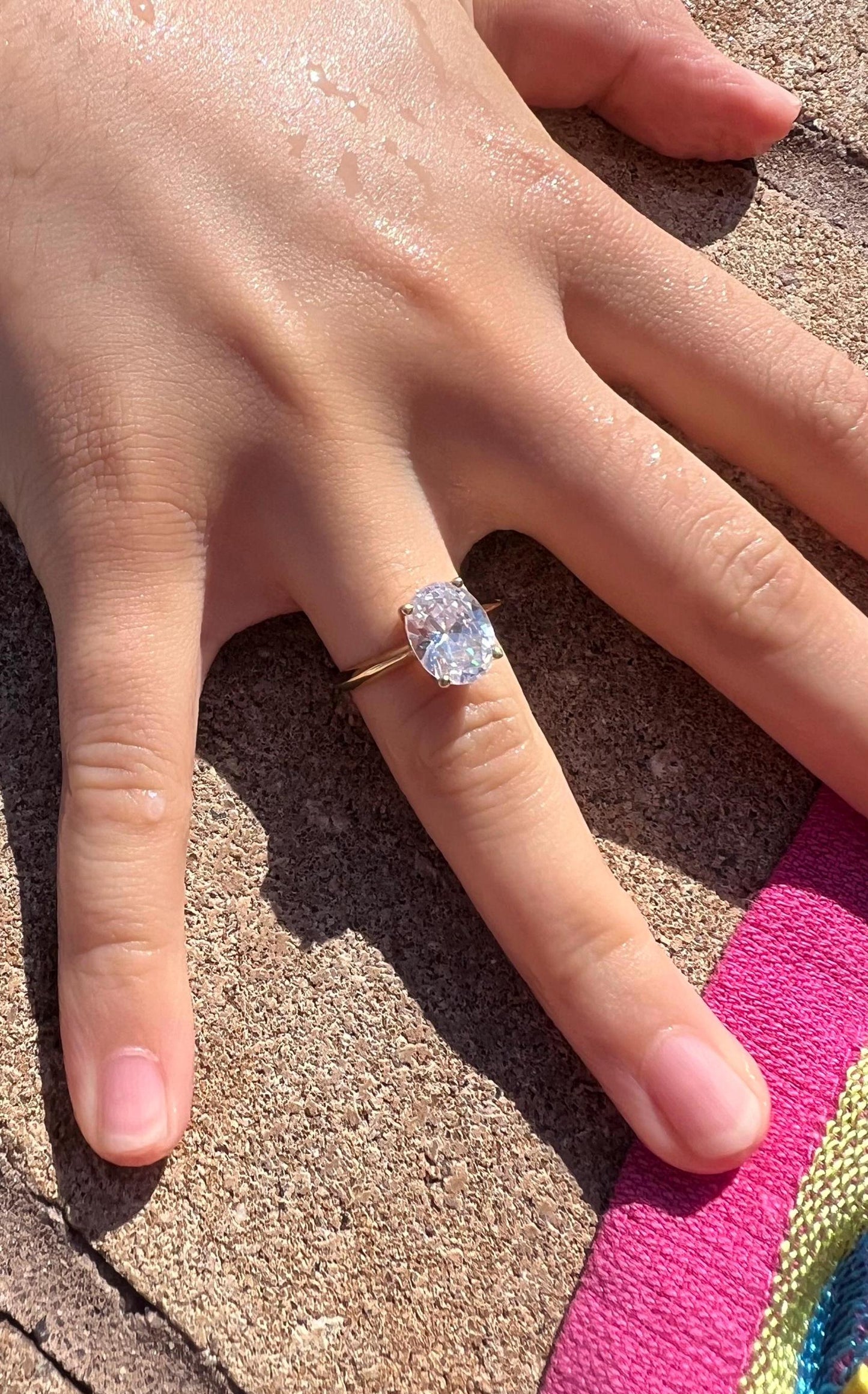 Gold Oval Cubic Zirconia Solitaire Ring: 14k Gold Plated Sterling Silver