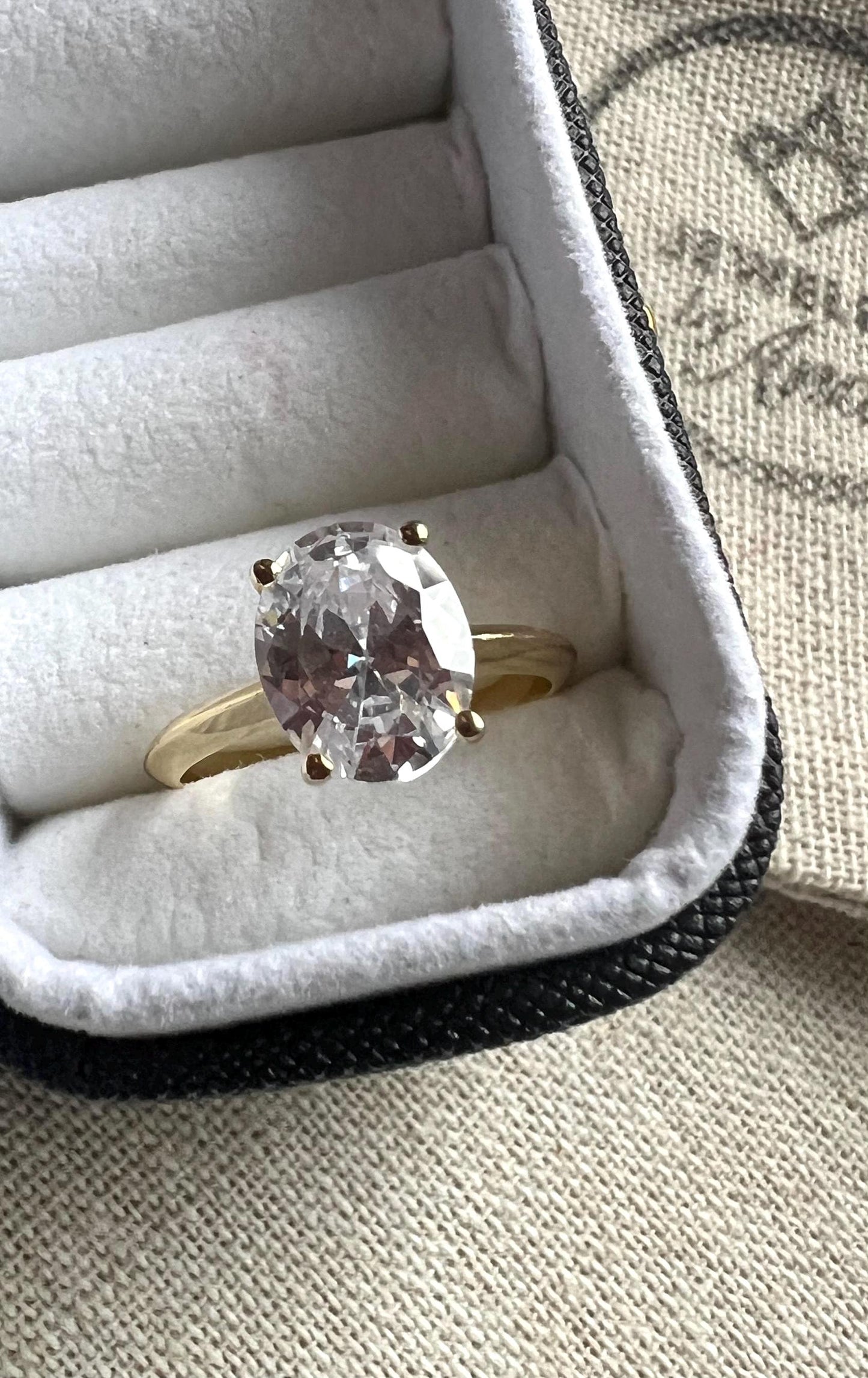 Gold Oval Cubic Zirconia Solitaire Ring: 14k Gold Plated Sterling Silver