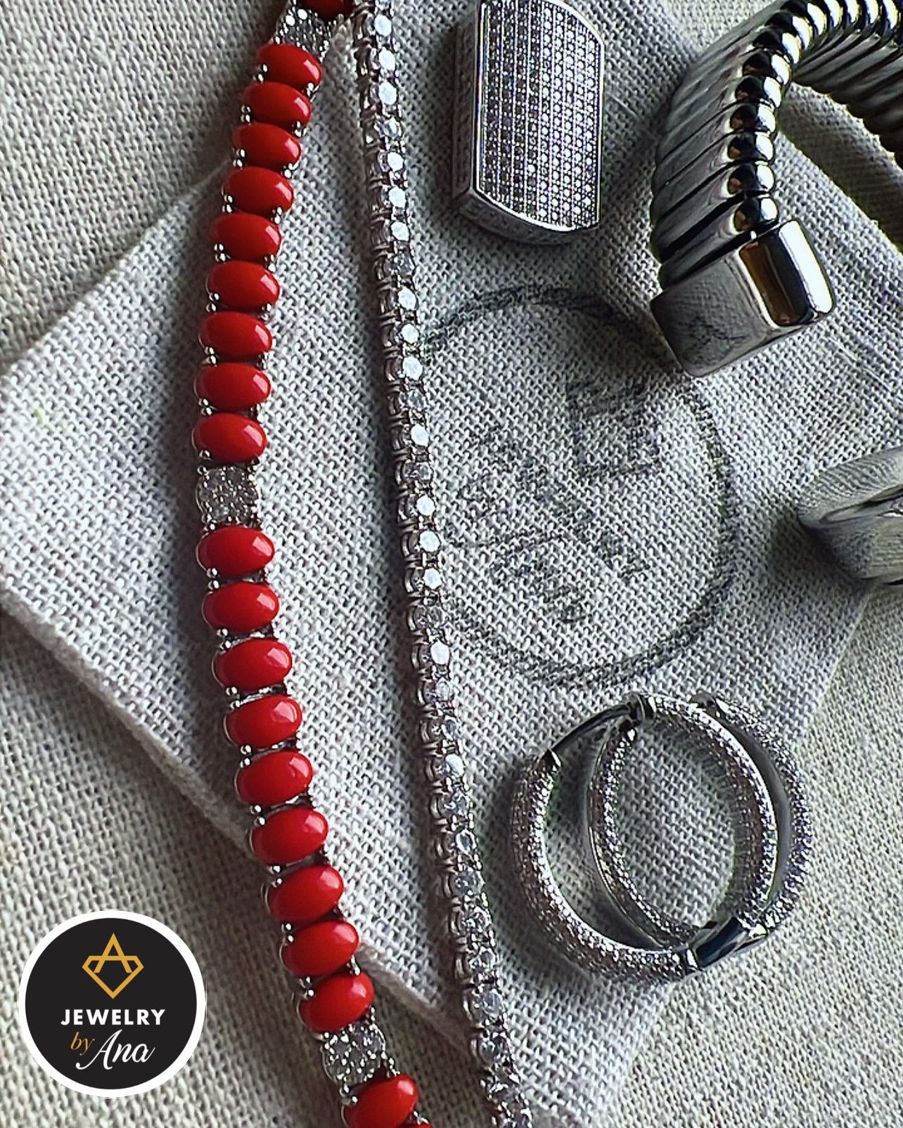 Sterling Silver Coral Tennis Bracelet with CZ Gemstones