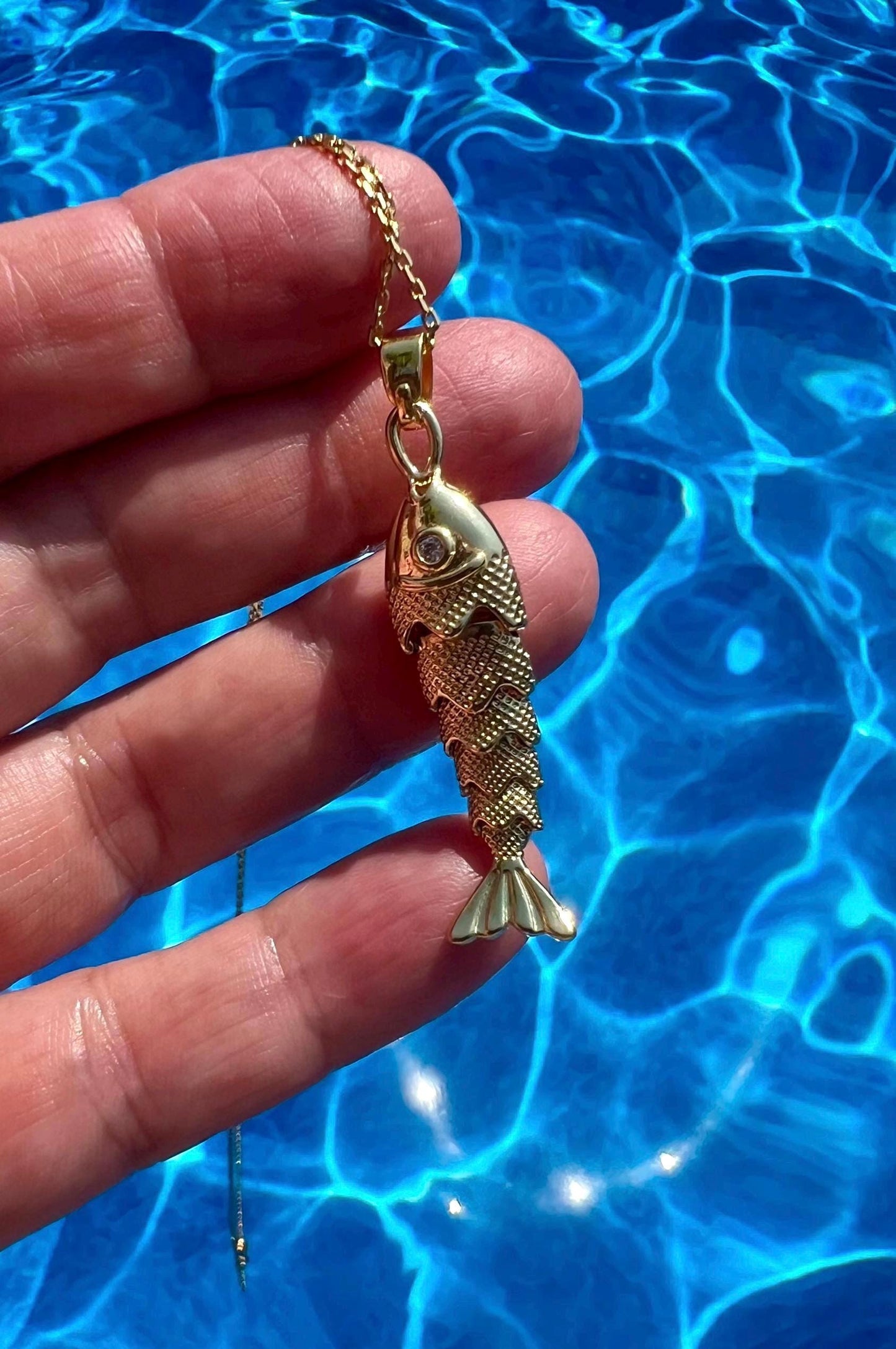 Movable Gold Fish Pendant Necklace: 18K Gold Filled, Sterling Silver Chain