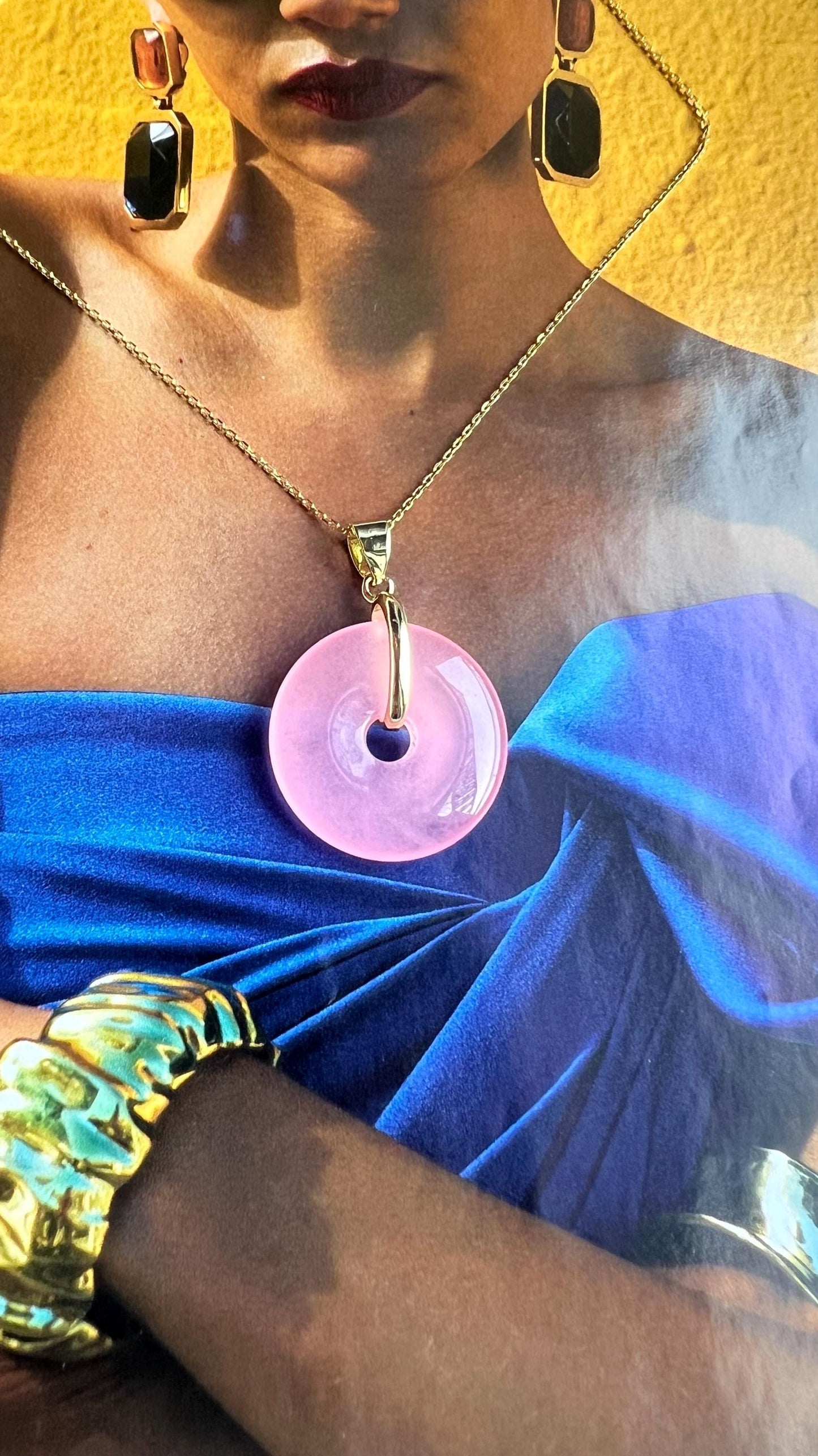 Pink Jade Donut Pendant Necklace: 14K Gold-Plated Chain