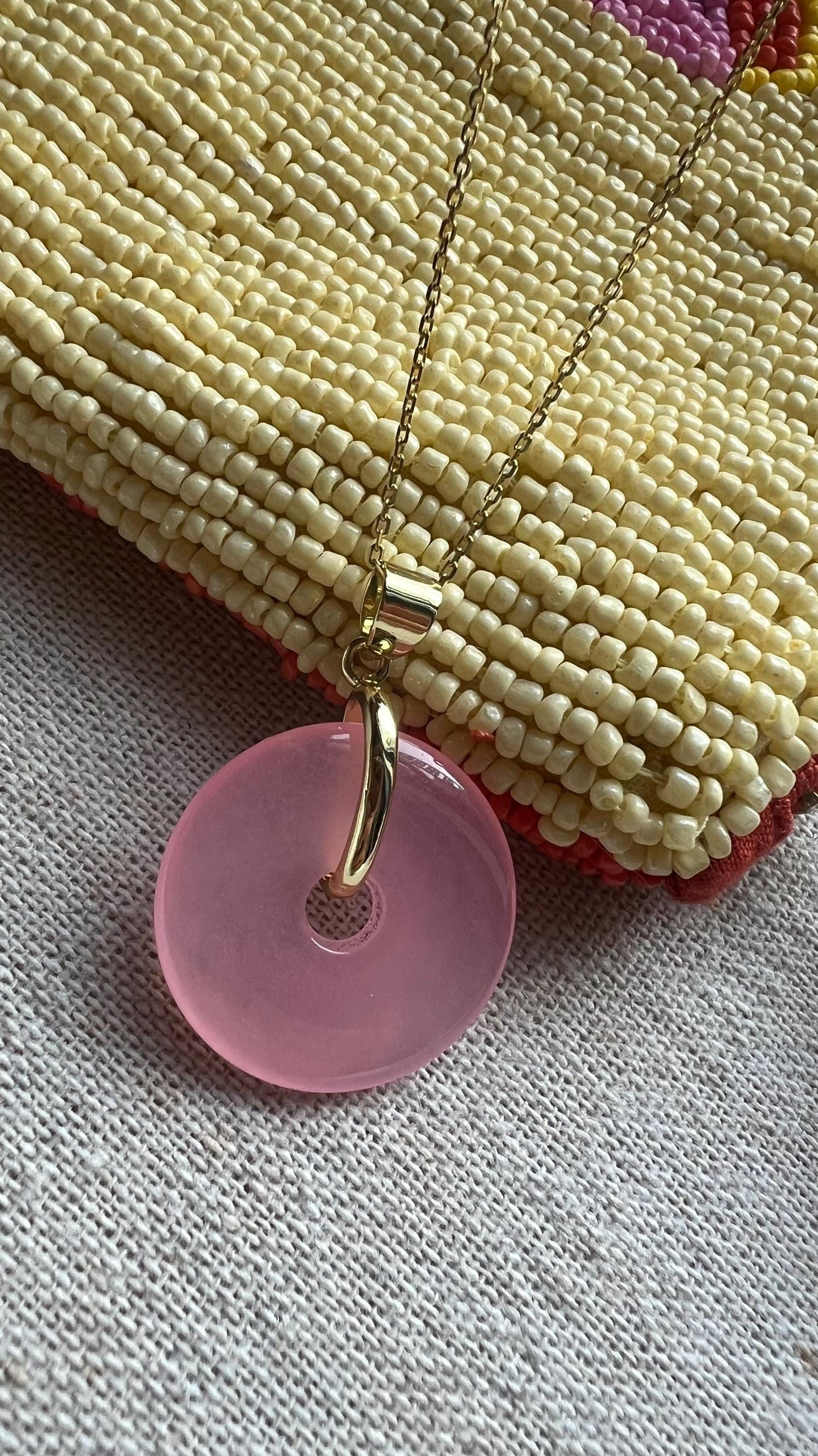 Pink Jade Donut Pendant Necklace: 14K Gold-Plated Chain