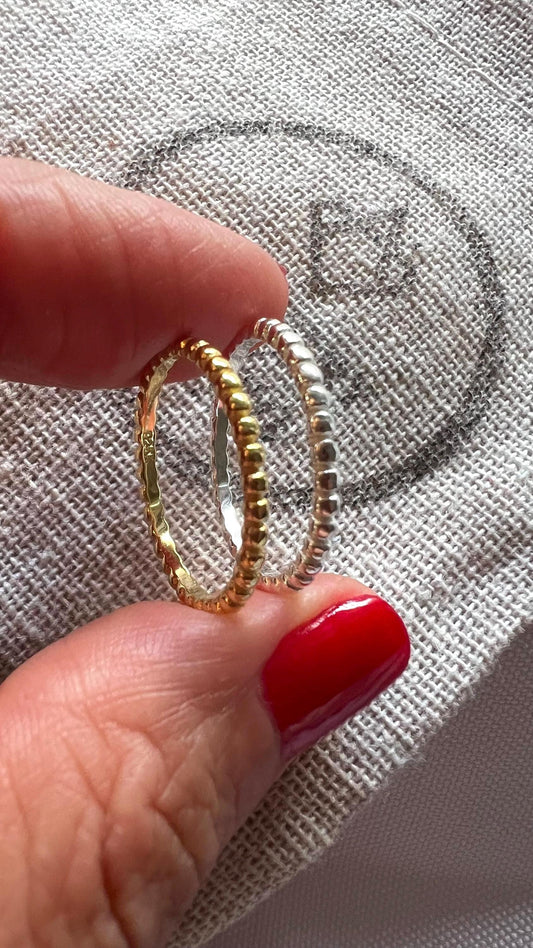 Gold Plated Beaded Stacking Ring, Sterling Silver Unisex Band,minimalist Jewelry,Thin Band,Beaded Wedding Band Thin Stacking Ring