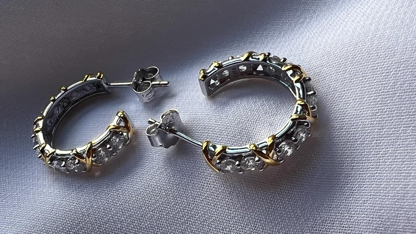 Gold Plated Sterling Silver Open Hoop Earrings: Dainty CZ Hoops ,Elegant Earrings ,Everyday Jewelry