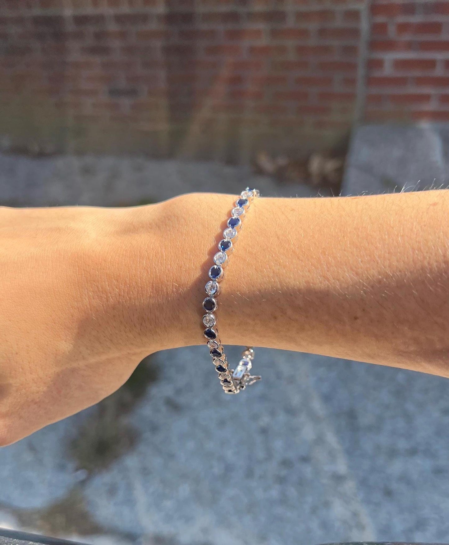Sterling Silver Blue Cubic Zirconia Tennis Bracelet: Bezel Set Gemstone Jewelry,Bracelet for Women