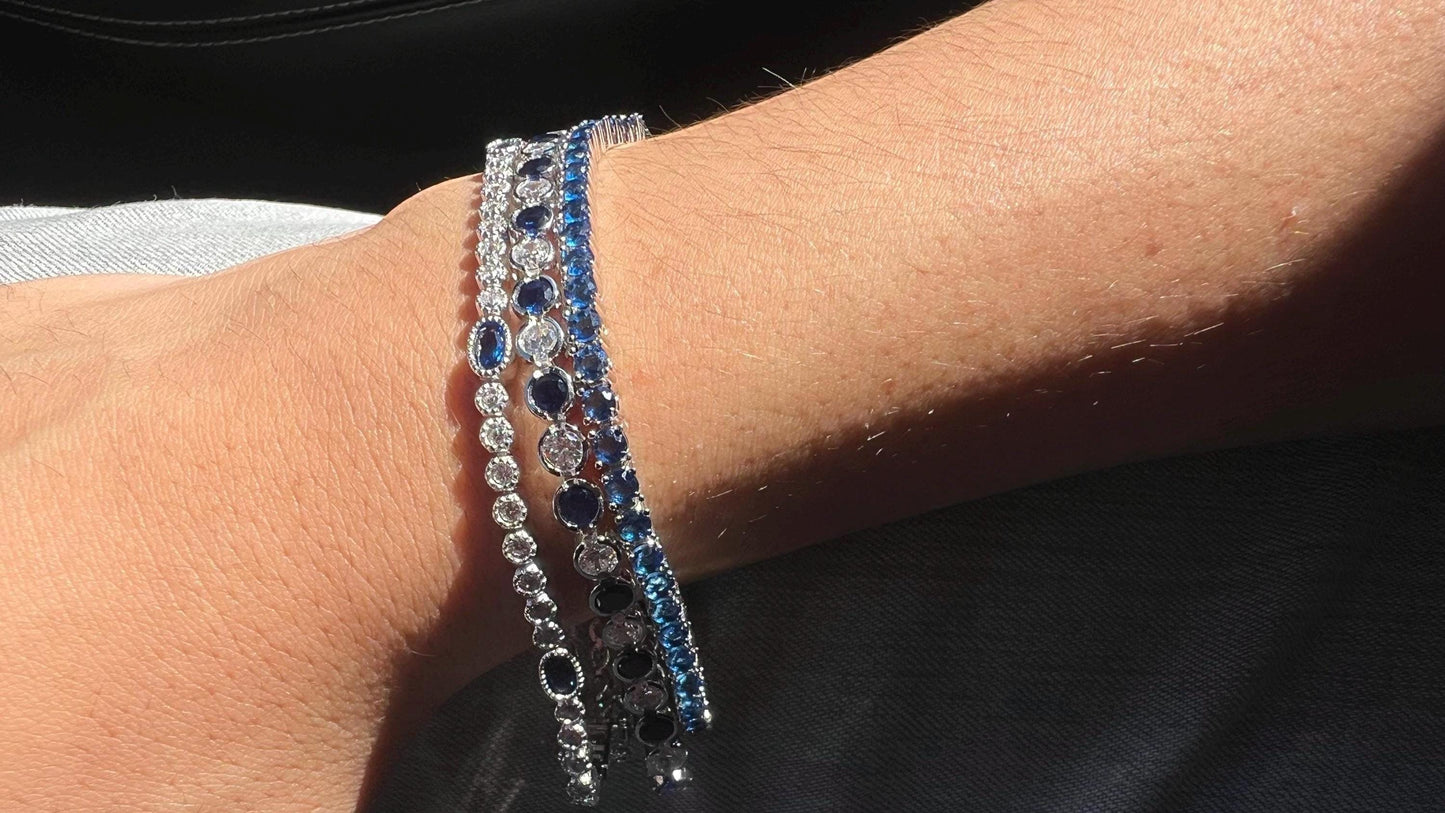 Sterling Silver Blue Cubic Zirconia Tennis Bracelet: Bezel Set Gemstone Jewelry,Bracelet for Women