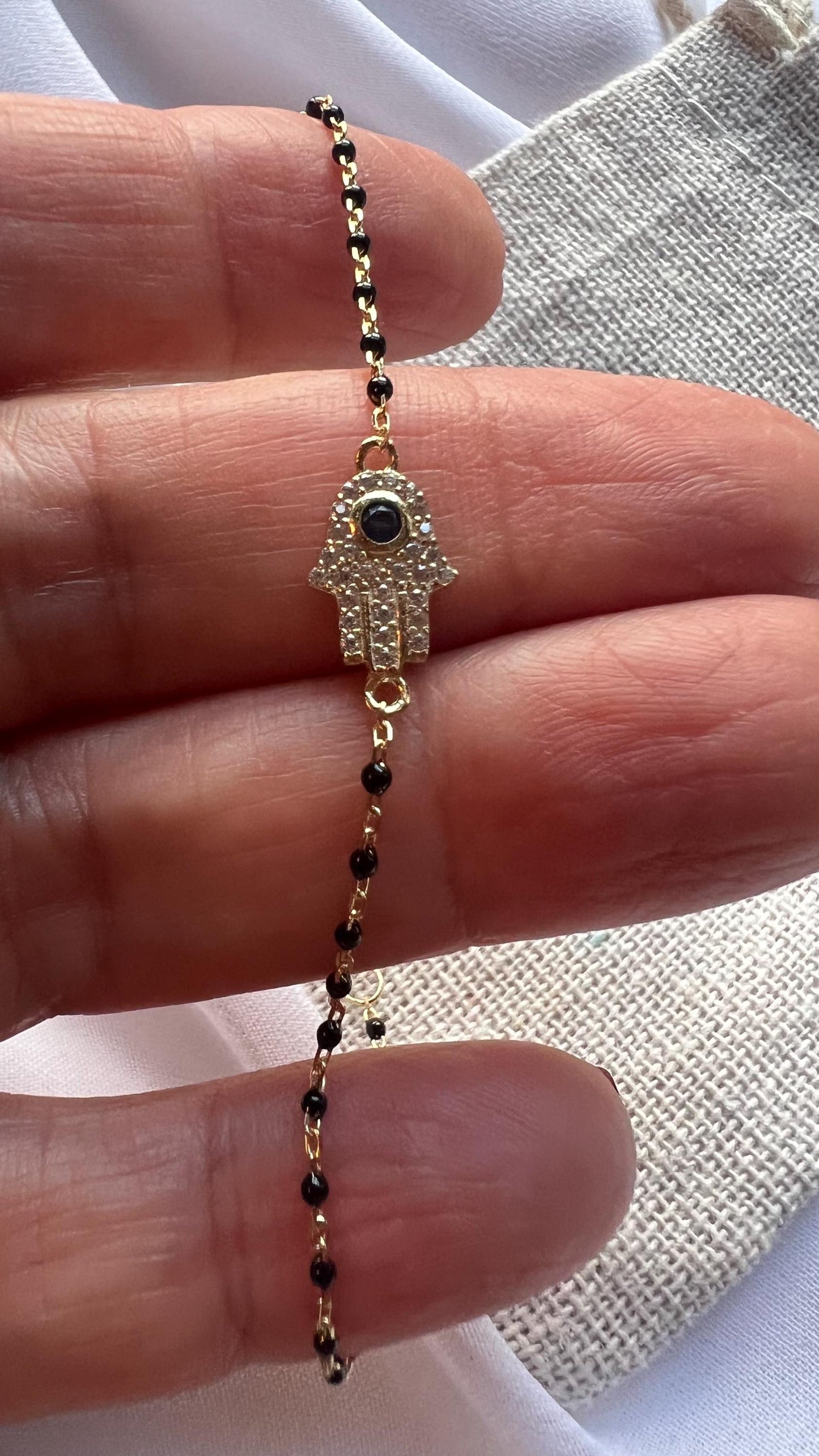 14K Gold Plated Hamsa Bracelet: Beaded Sterling Silver Protection Jewelry