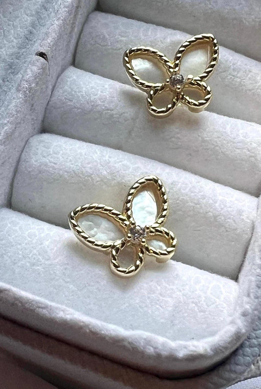 14K Gold Plated Butterfly Stud Earrings, Mother of Pearl, Dainty Jewelry