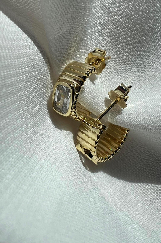 14k Gold Plated Ribbed Hoop Earrings: Dainty CZ Sterling Silver Hoops,Small everyday Earrings