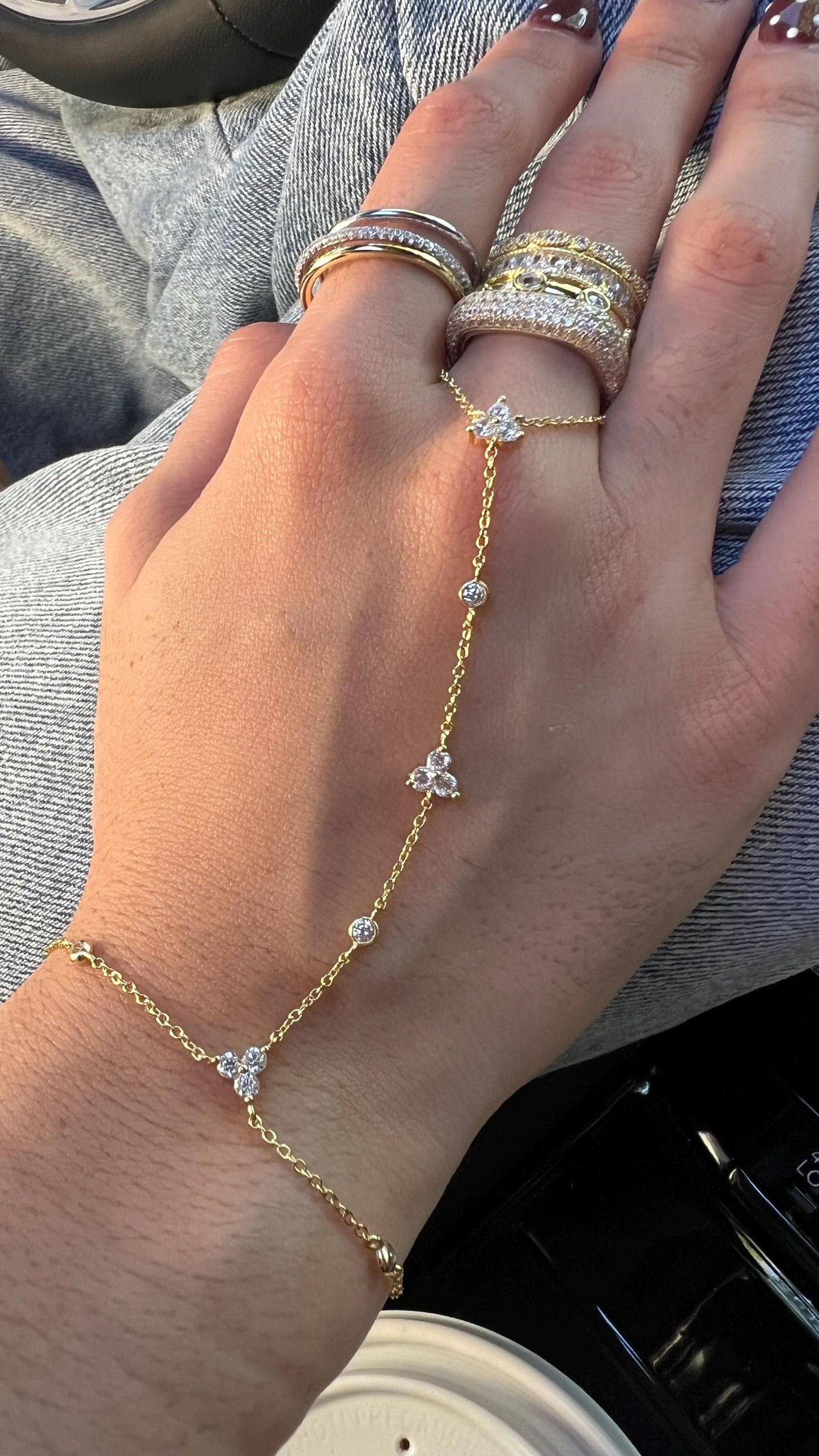 14 K Gold Plated Hand Flower Bracelet with CZ ,Dainty Floral Bracelet,Gold finger Bracelet,Adjustable Hand Chain,Gold hand Chain Bracelet