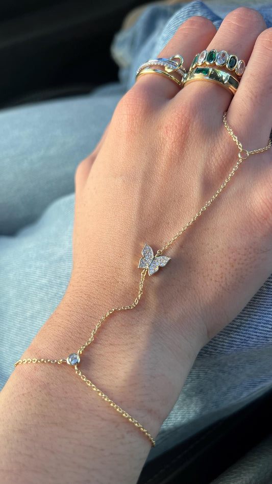 Hand Finger Bracelet,Butterfly Hand Chain  Bracelet,CZ Dainty Jewelry,Ring Chain Finger Bracelet,Slave ring chain Bracelet,Silver Hand Chain