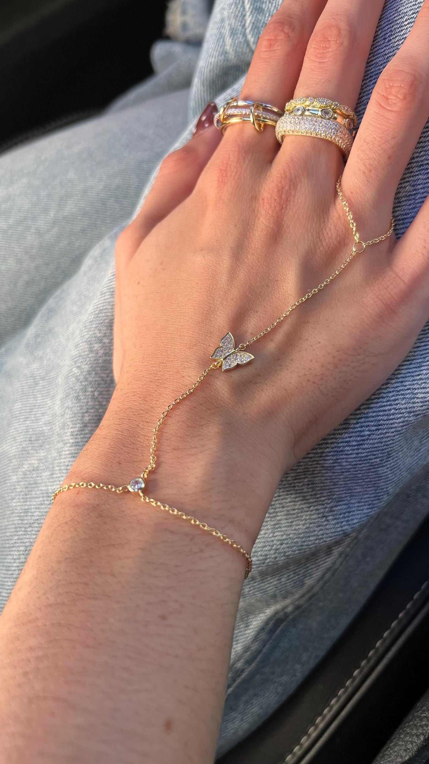 Hand Finger Bracelet,Butterfly Hand Chain  Bracelet,CZ Dainty Jewelry,Ring Chain Finger Bracelet,Slave ring chain Bracelet,Silver Hand Chain