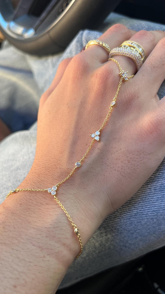 14 K Gold Plated Hand Flower Bracelet with CZ ,Dainty Floral Bracelet,Gold finger Bracelet,Adjustable Hand Chain,Gold hand Chain Bracelet