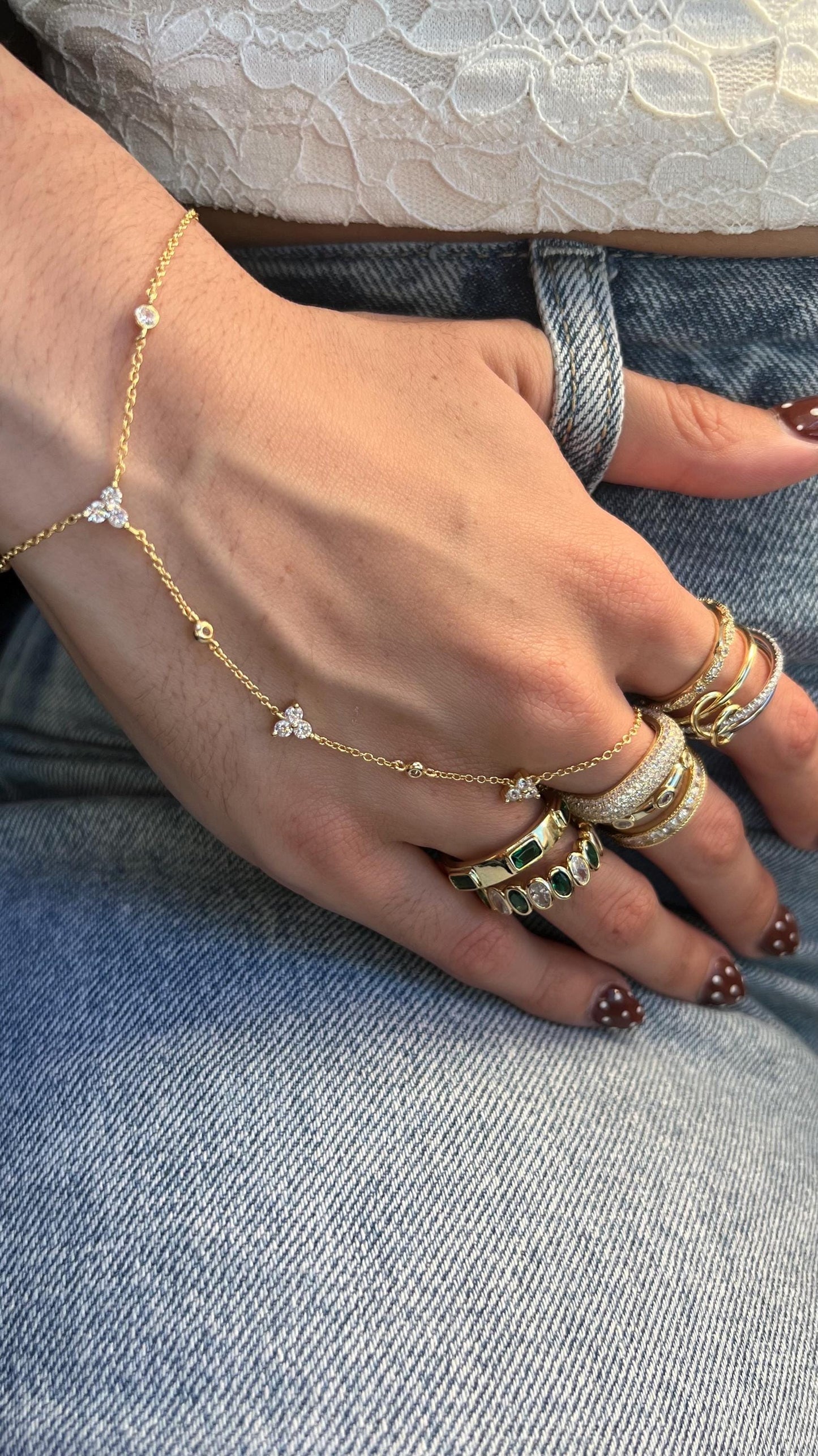 14 K Gold Plated Hand Flower Bracelet with CZ ,Dainty Floral Bracelet,Gold finger Bracelet,Adjustable Hand Chain,Gold hand Chain Bracelet